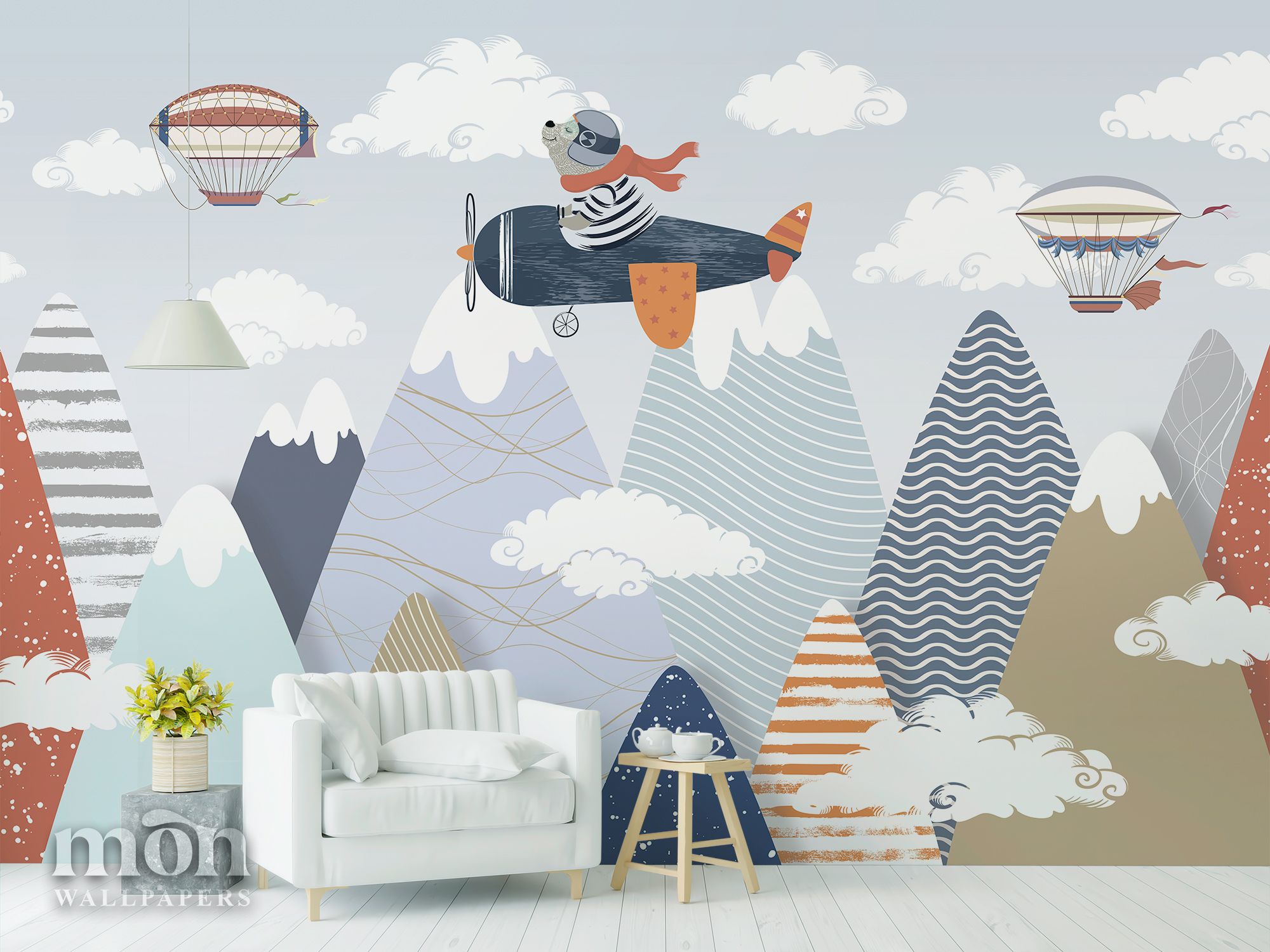 Mountains with a Bear on a Plane Nursery Wallpaper, Hot Balloons and Sky  with Clouds Kids Room Children Wall Mural – Mon Wallpapers